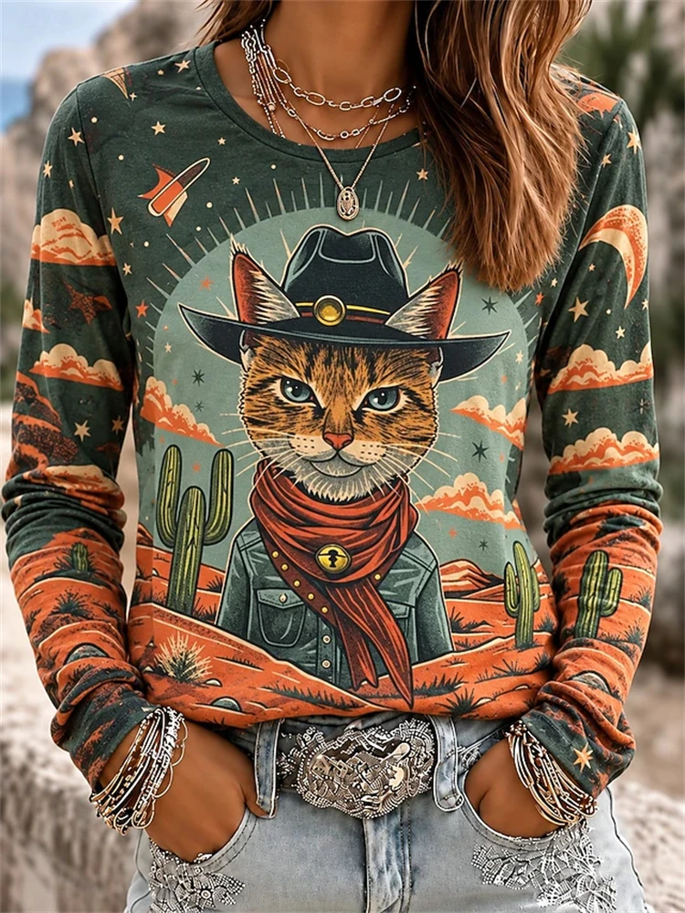 Women's New Fall Crew-Neck Long-Sleeve Casual T-Shirt Playful Cat Graphic Print Loose Comfortable Outdoor Street Style