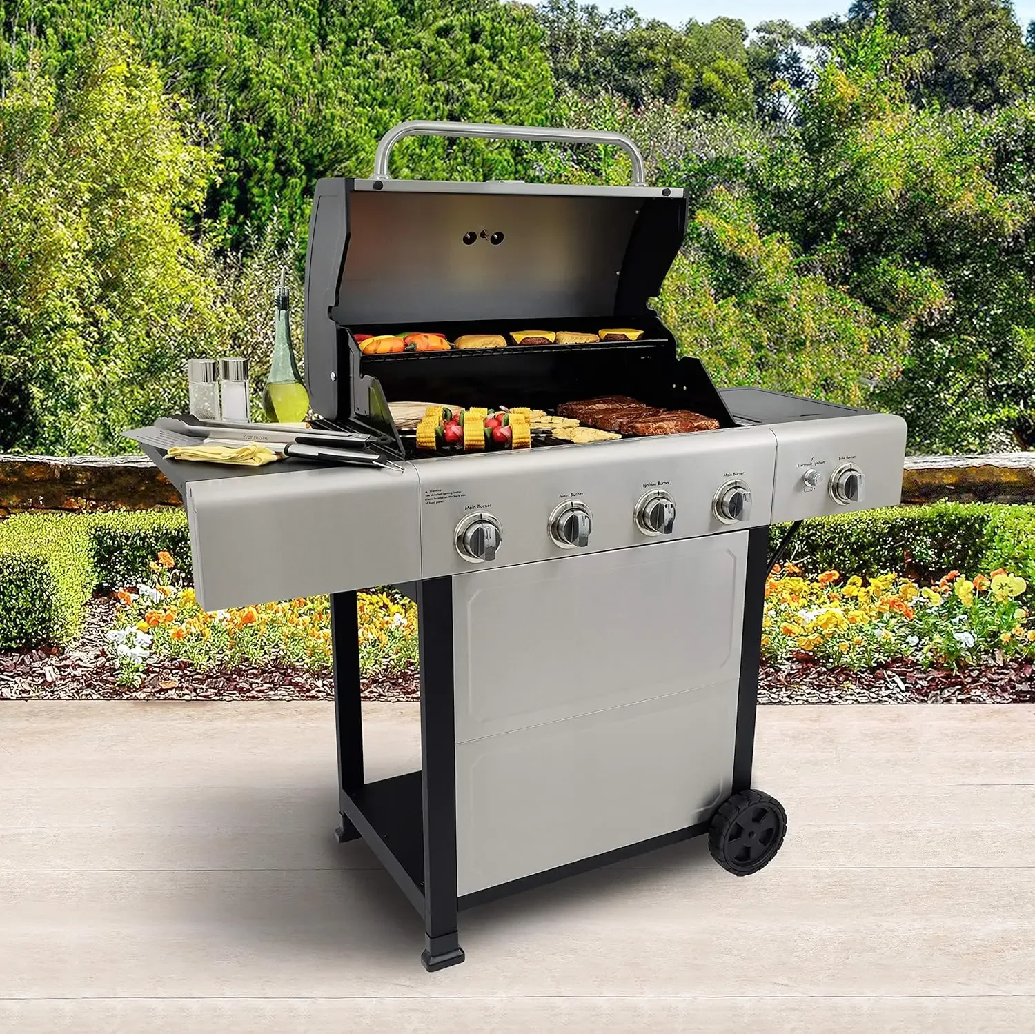 

4-Burner Gas Grill with Side Burner, Outdoor BBQ Grill, Propane Gas Grill, Cast Iron Cooking Grates, Electronic Ignition