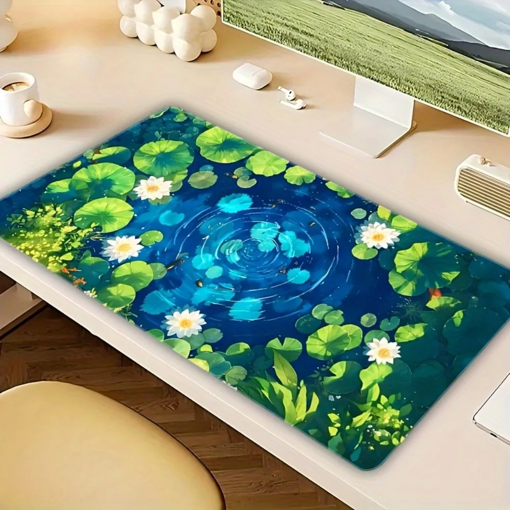 Grand tapis de souris à motif de feuille de lotus verte - Caoutchouc naturel épais et doux, esthétique florale aquatique sereine