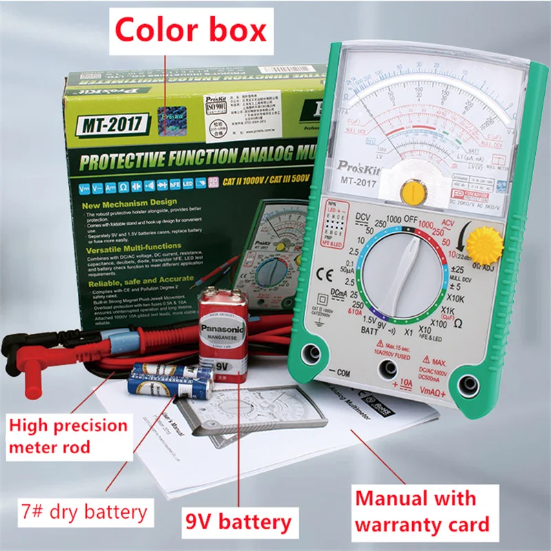 

Pro'sKit-Analog Multimeter, MT-2017, Safety Standard Protective Function, Ohm Test Meter, DC AC Voltage Current, Original