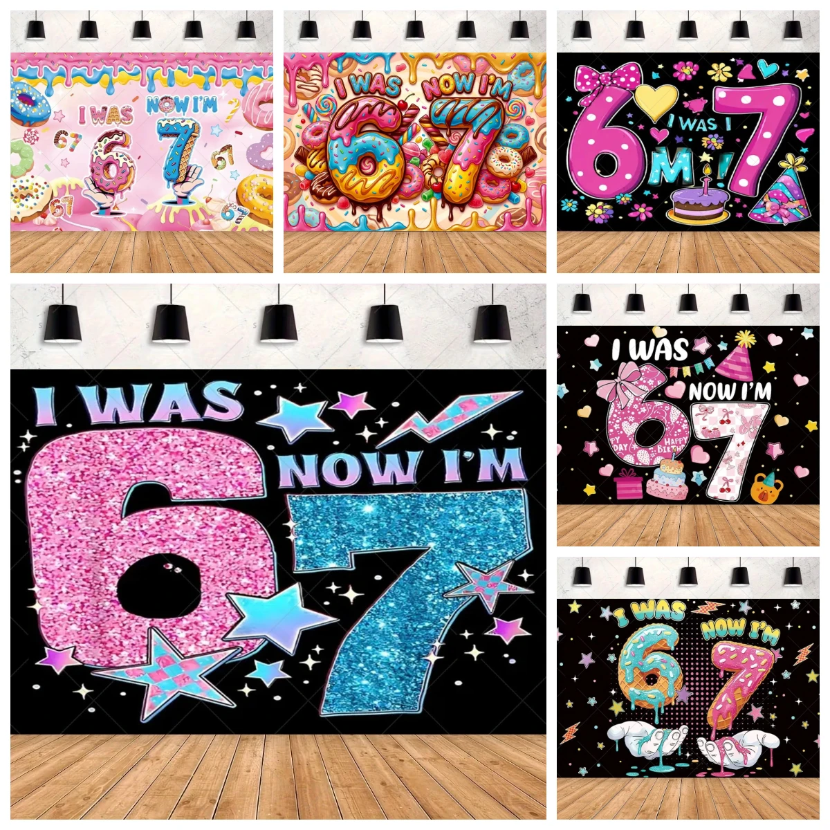 

Seven Years Old Birthday Party Decor Backdrop I Was Six Now I Am Seven Candy Cake Background Kids Portrait Photography Banner