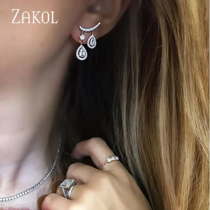 

ZAKOL женские серьги-подвески с двойными каплями и кубическим цирконием для свадьбы, обеда, юбилея, дня рождения, подарок FSEP2388