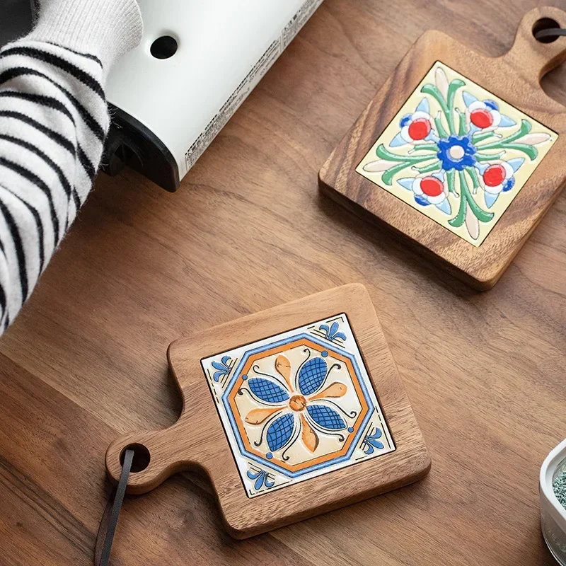 Acacia Wood Tiles Pot Mat Anti-Scalding Plate Mat Drink Coasters Wooden Trivet Frame for Hot Tea Pots and Pans Pad Holders