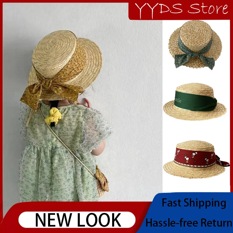 

Children's Broken Flower Chiffon Bow Wheat Straw Flat Top Straw Hat Summer Big Brim Girls Big Along The Beach Straw Hat