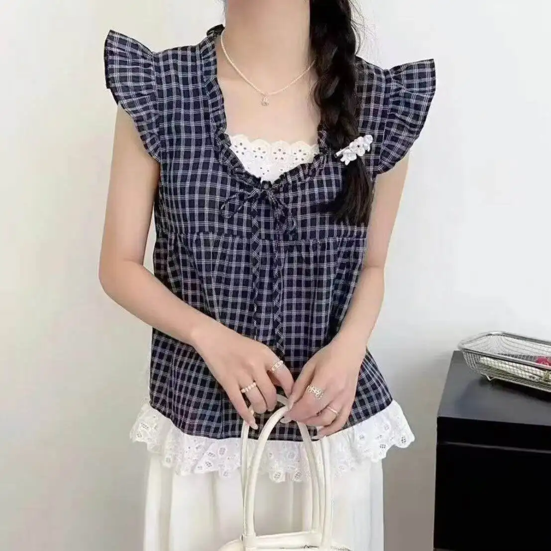 

plus Size Women's Plaid Shirt Spring Summer New Style round Neck Long Sleeve Casual Comfortable Breathable Fake Two-Piece Dol...