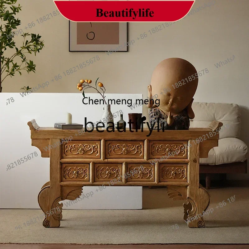 

D178 Wabi-sabi wind porch cabinet, retro weathered locker, solid wood seven-chest cabinet, middle hall table and case desk