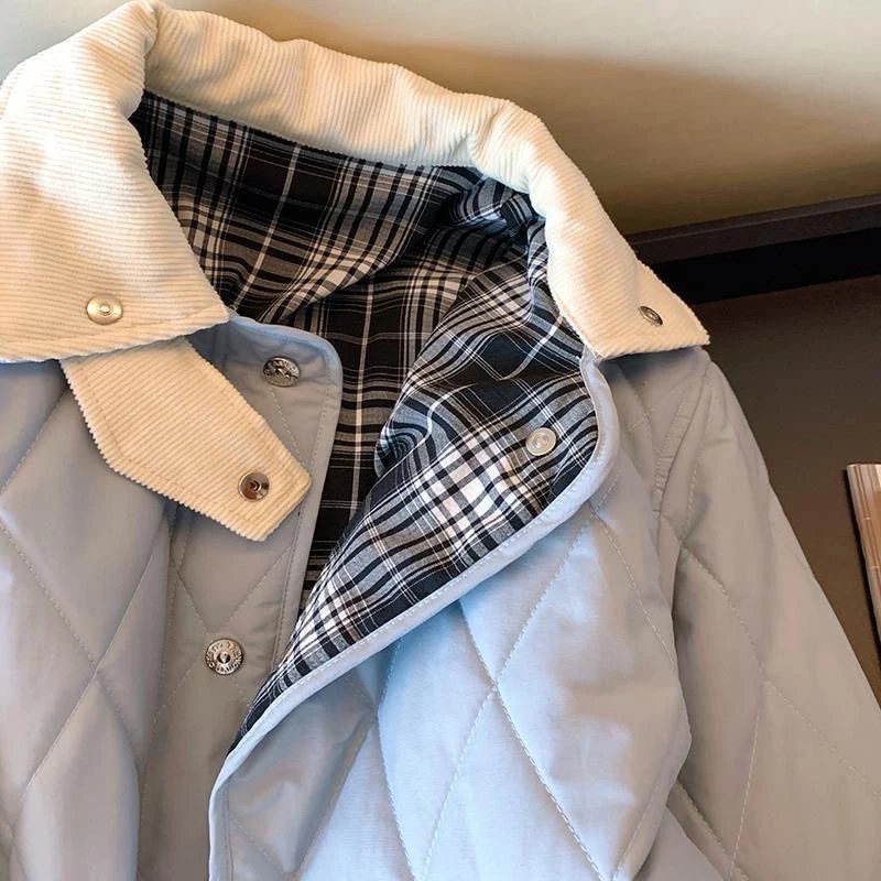 Blue Preppy Sweet Parkas Women Button Plaid Patchwork Pocket Casual Puffy Coats Female Chic Loose Long Sleeve Student Outwear