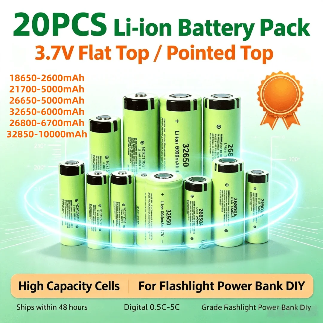 20PCS High Capacity 3.7V18650 21700 26650 26800 32650 Rechargeable Lithium Battery Strong Light Flashlight  For Power Tools