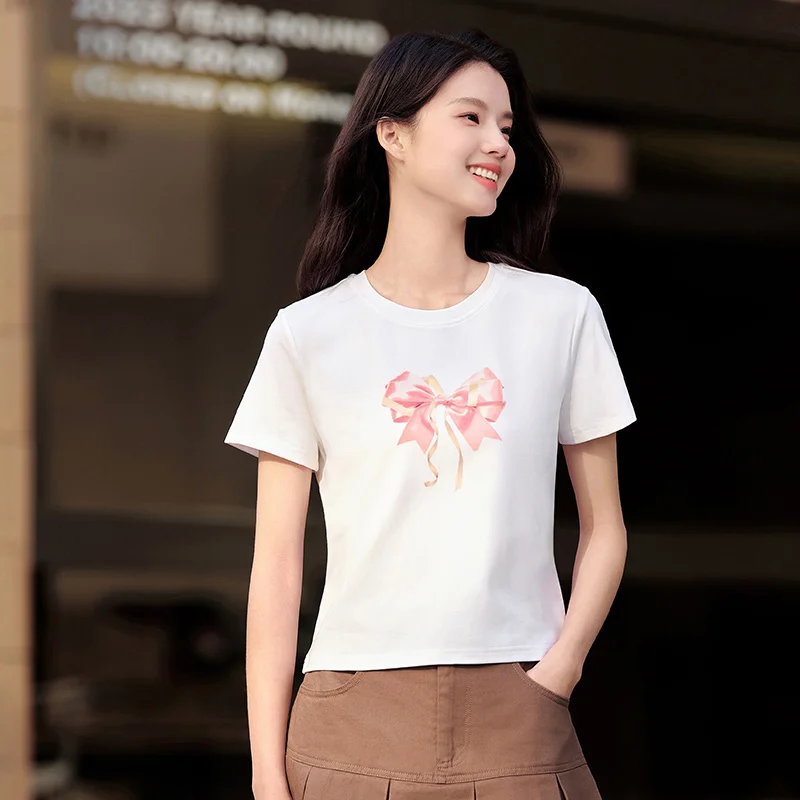 Semir Short-Sleeved T-Shirt Women Short Length Gentle And Slim Fit 2024 Summer New Sweet Butterfly Print Clothing