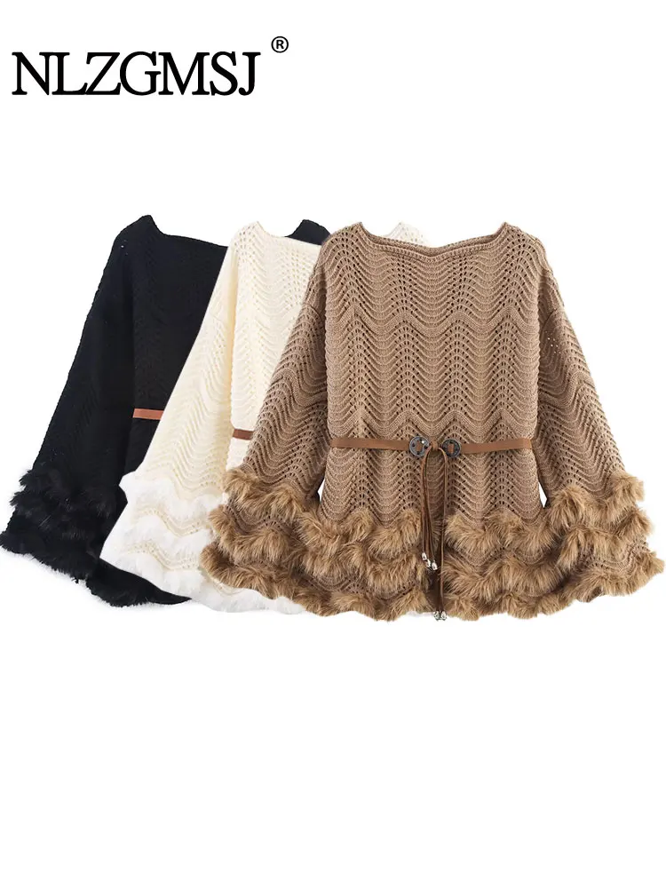 

NLZGMSJ Vintage Casual Feather Decorated Women Sweater Solid O-Neck Belt Long Sleeve Knitted Sweater Fashion Autumn Sweaters