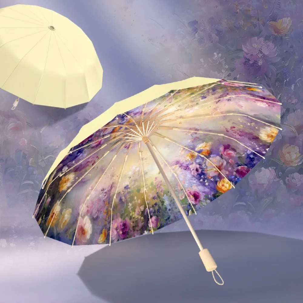 16 Ribs Oil Painting Flowers Sun Rain Umbrella, UPF50+ UV Protection Color‑Coated Pongee Fabric Foldable Parasol for Women
