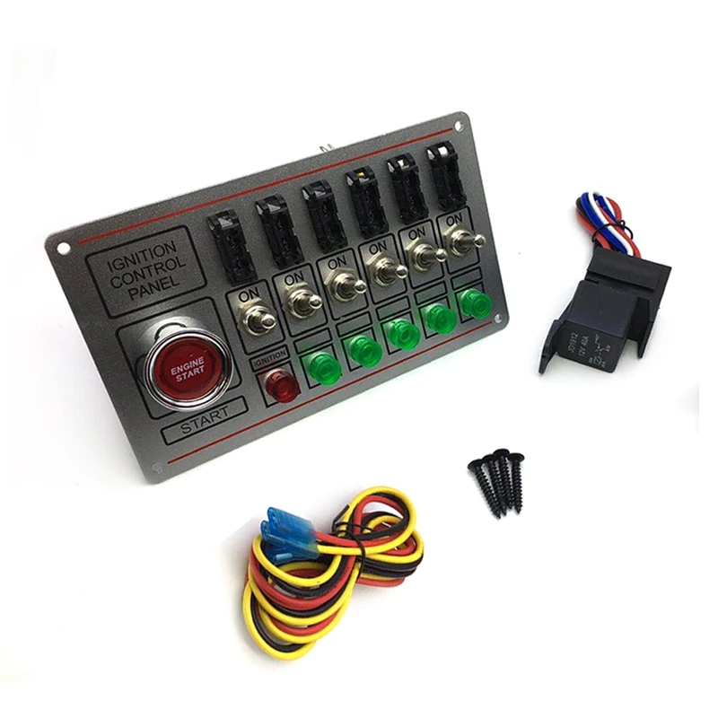 

Racing Switch Panel Race Car Ignition Accessory Engine Start, 6 Indicator Light 6 Fused Toggle Quick Off Switch 12V