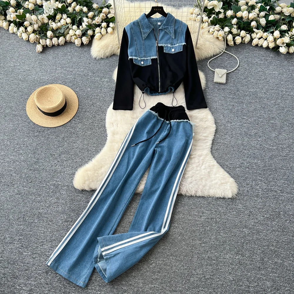 

Pant Set Moto Biker Jeans for Women Two Piece Sets Denim Turn Down Collar Tops Wide Leg Long Pants Y2k Streetwear High Waist