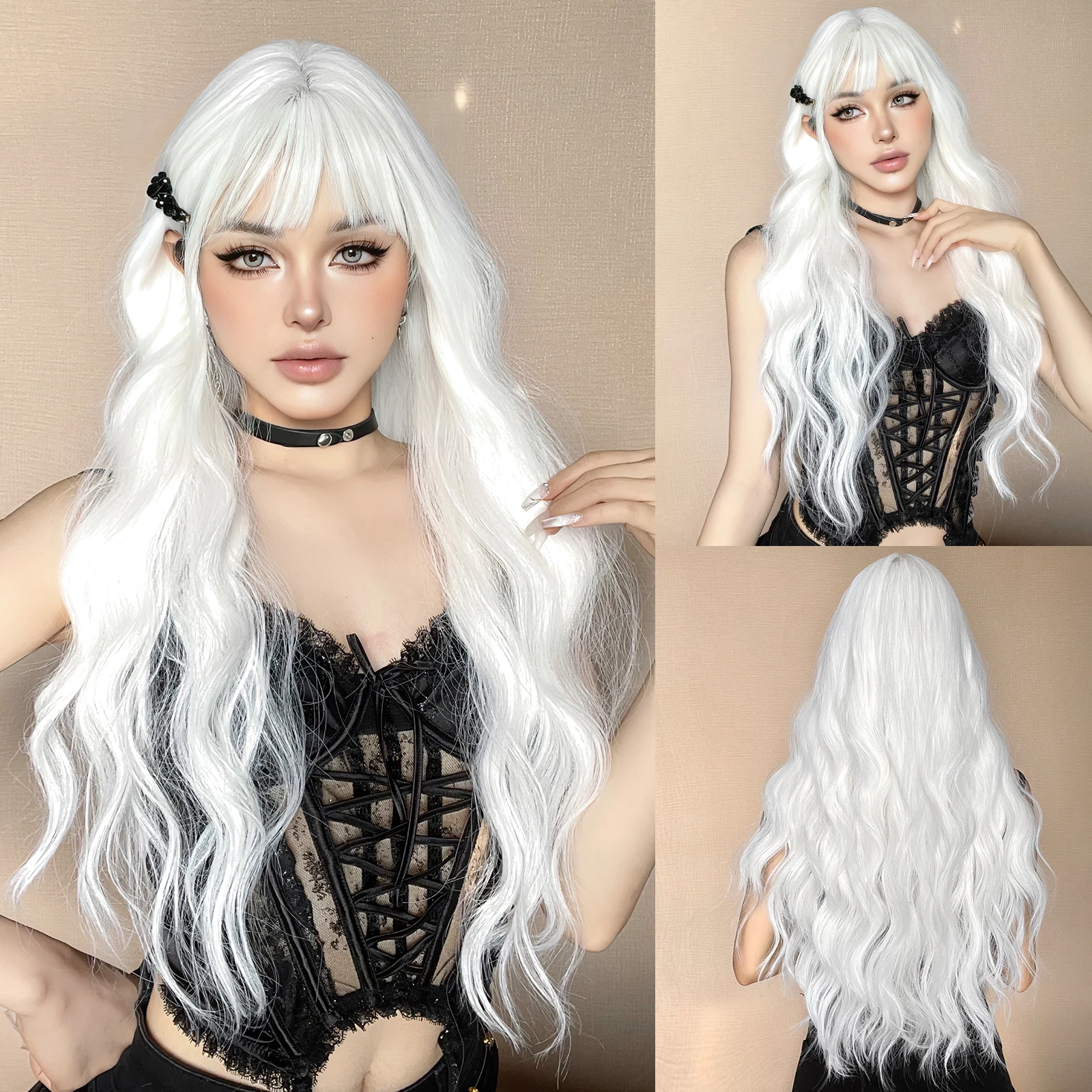 Allbell Magique Blaue Haarperücke mit Pony, lange gewellte synthetische Perücke, babyblaue lockige Perücke für Frauen, täglicher Partygebrauch, hitzebeständig – Detail 16