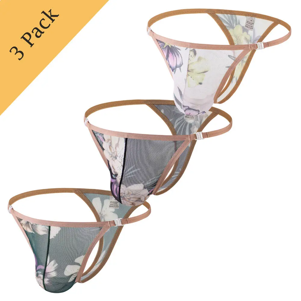 مجموعة مكونة من 3 قطع من ملابس داخلية رجالي رفيعة للغاية مطبوعة بشبكة منخفضة الخصر ومنظور مثير قابل للتعديل للرجال المثليين ثونغ قابل للتنفس #4