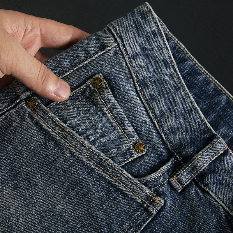 Мужские джинсы облегающего кроя, маленькие прямые эластичные джинсы контрастного цвета с нашивкой, модные трендовые длинные брюки