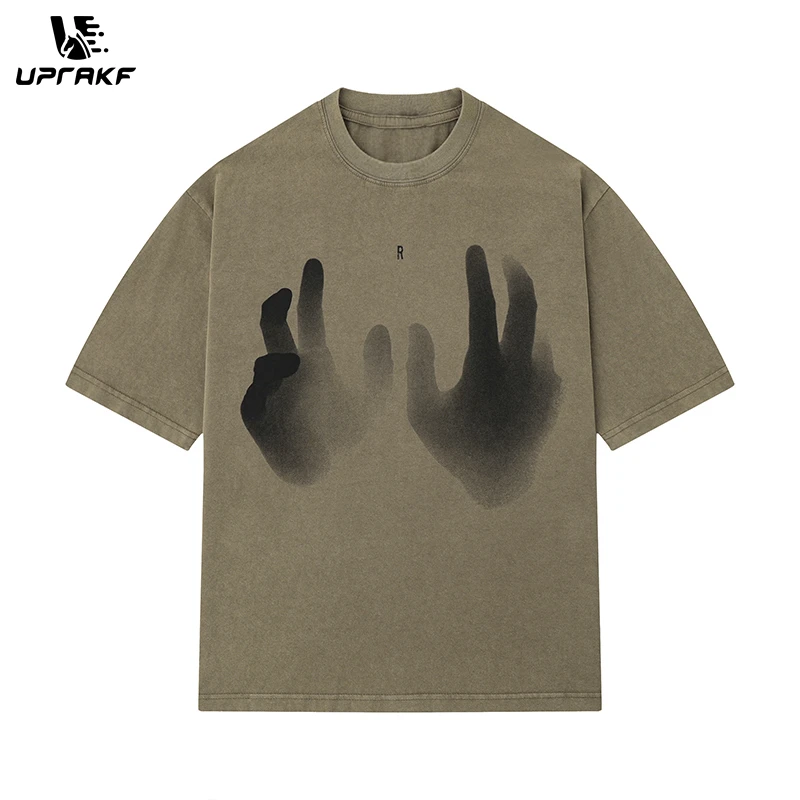 

UPRAKF Streetwear Vague Finger Graphic T Shirt Letter Print Oversize Tees Fashion Summer Casual Top Short Sleeve