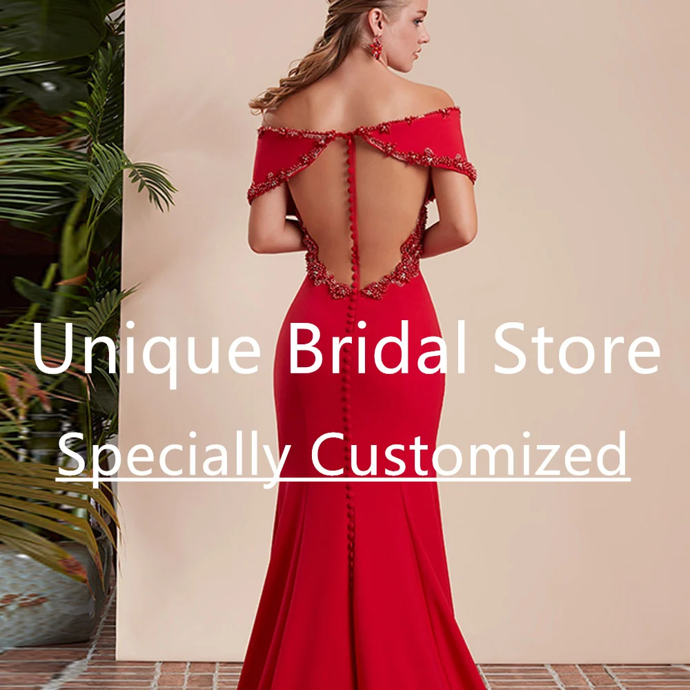 Vestido De Novia De sirena rojo personalizado con hombros descubiertos, manga corta con cuentas, abertura alta, Sexy, con botones, Vestidos De Novia C