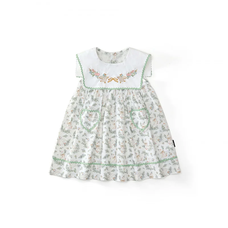 

Cute Animal Embroidered Lapel Girls Dress2025Summer New Cotton Printed Vest Dress Princess Dress