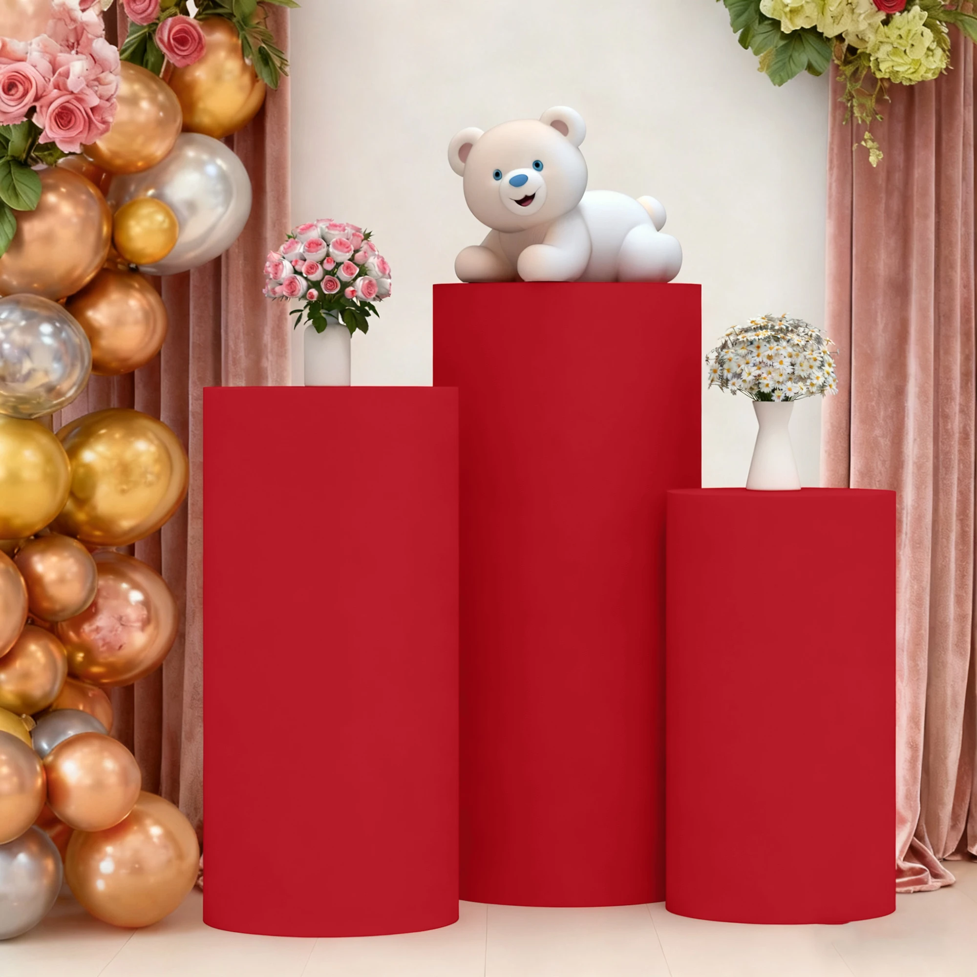 3/5 Stück, Rote Zylinder-Säulenabdeckung für Desserttische, Elastische Party-Zylinderabdeckung für Hochzeit, Geburtstag, Jubiläumsdekoration, Garten- und Outdoor-Festivaldekoration, Enthält nur die Zylinder-Säulenabdec – Detail 3