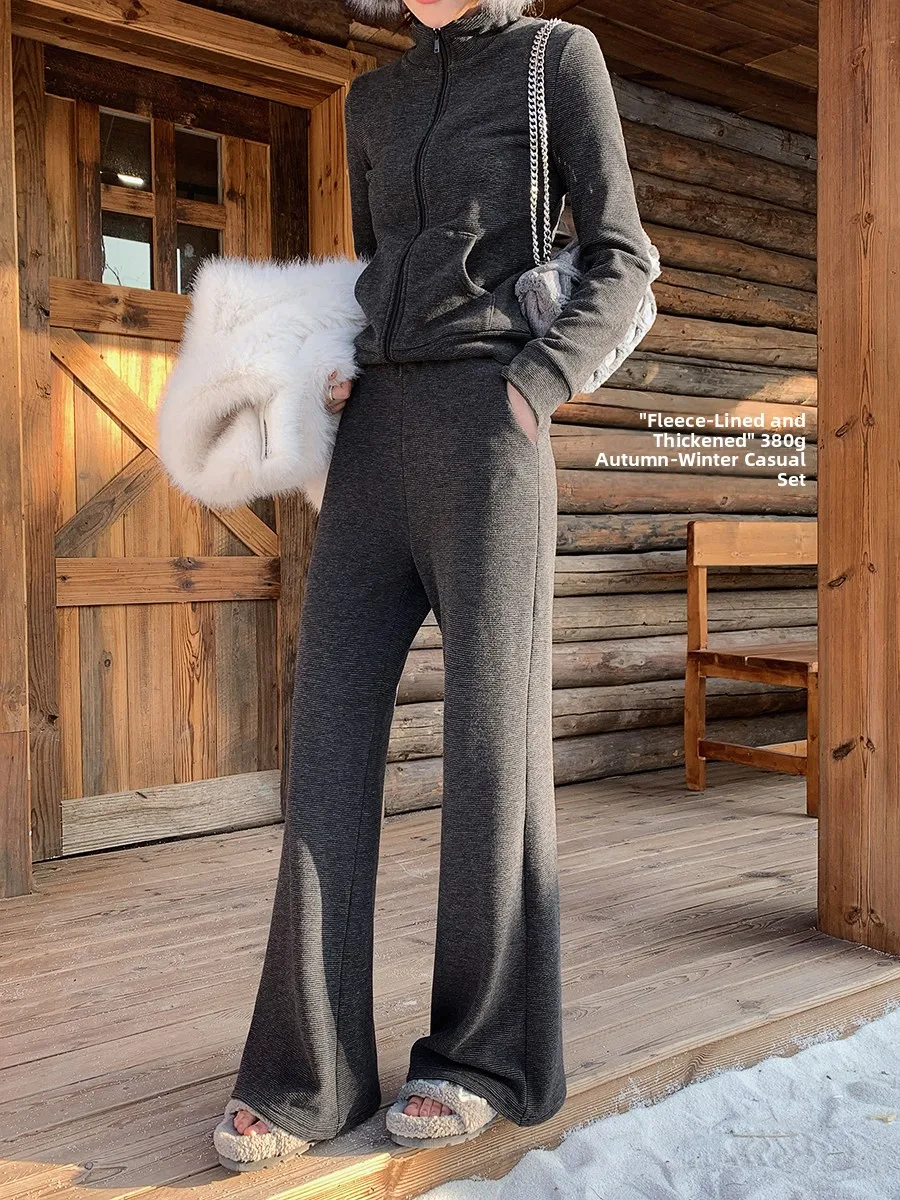 

Ms.Daoge Fce Lined Thiened, свитшот с воротником-стойкой, топ и широкие брюки, комплект, повседневный спортивный комплект из двух предметов, женская осень-зима