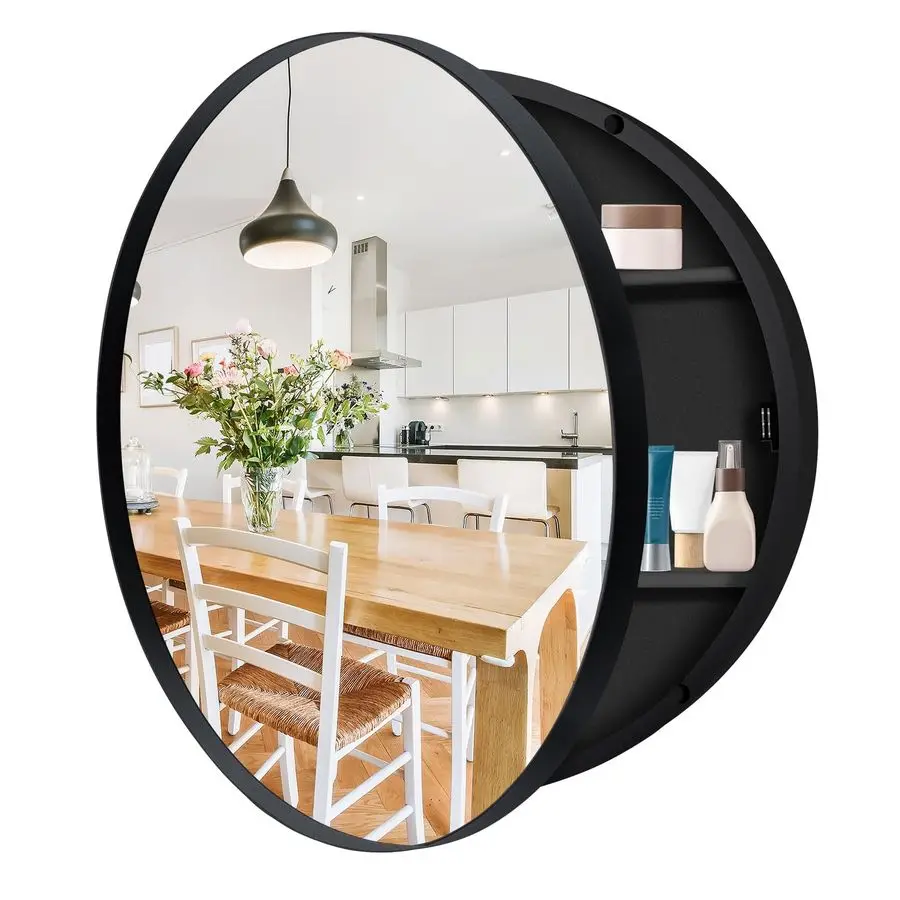 x 24 Inch Round Medicine Cabinet with Mirror, Surface Mount Only, Black Metal Frame Bathroom Mirror Cabinet, Modern Shatterproof