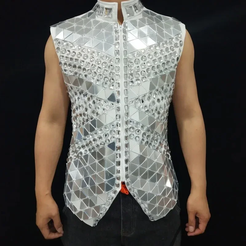 Glitter Mirror Rhinestone Waistcoat Sequin Crystal Vest Coat For Male Singer Bar Concert Stage Performance Drummer Dance Costume