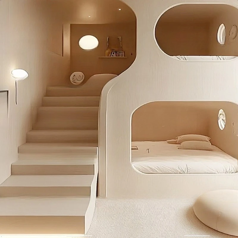 Tempat tidur minimalis modern, tempat tidur ganda dengan tangga