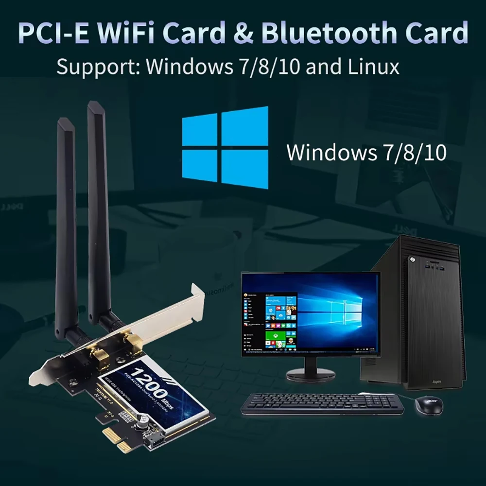 Kebidumei AC1200 WiFi アダプタ Bluetooth デュアルバンド 2.4GHZ/5Ghz PCI Express ワイヤレスネットワークカードデスクトップ用 Windows 7/10/11