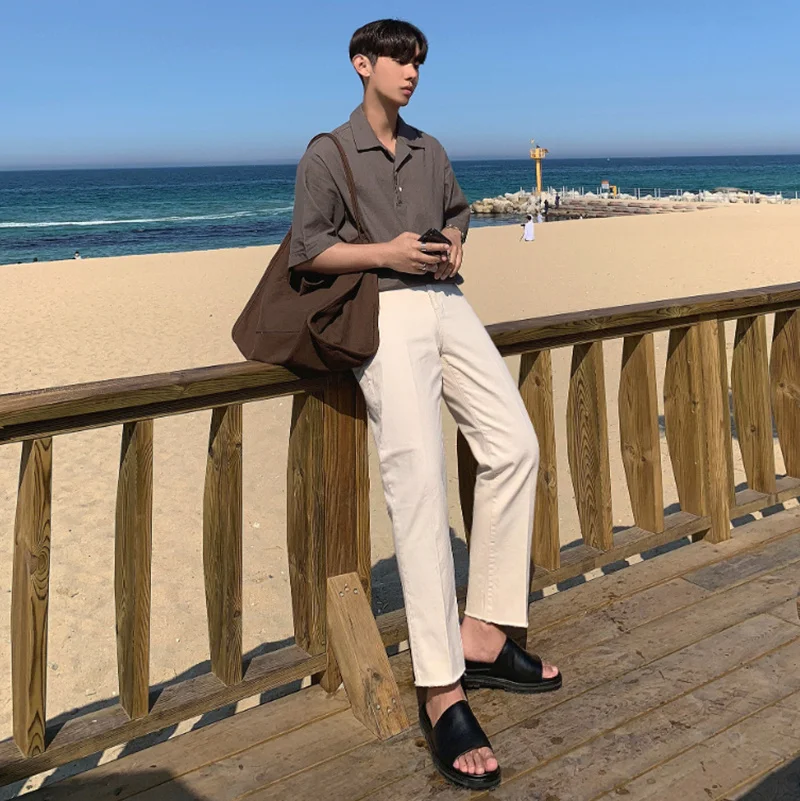 

Streetwear Korean Fashion Men's Casual Pants Trend Linen Straight Trousers 2022 Spring Summer New Thin Bottoms 2Y5544