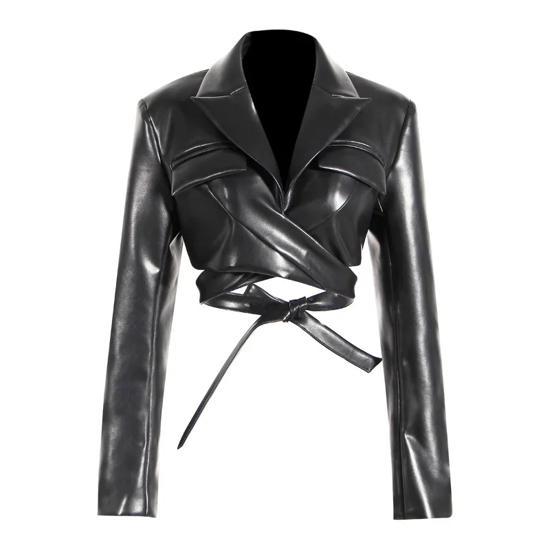 Vestes à la mode pour femmes, col à revers, Slim, croisé, à lacets, manches longues, manteau court en cuir PU, poches épissées, nouvelle collection automne