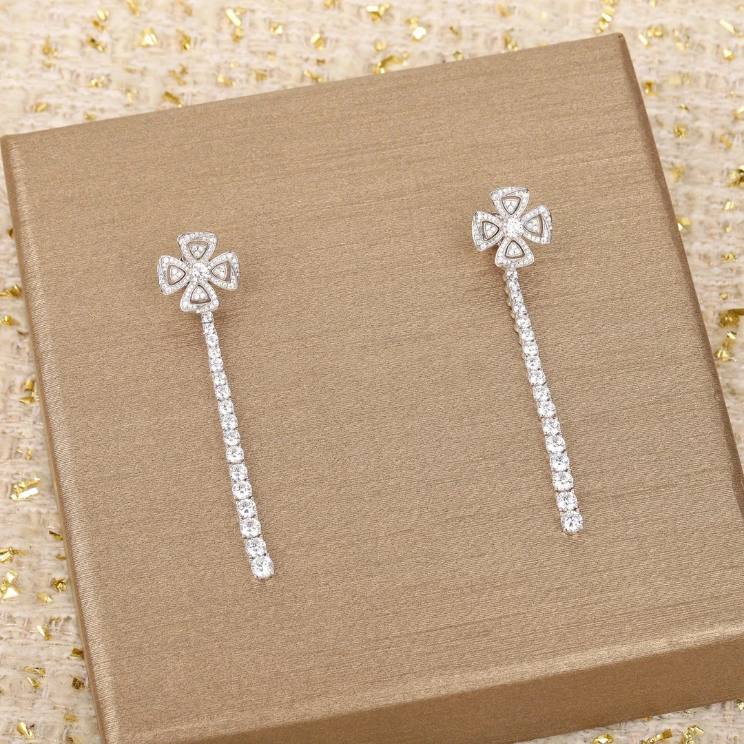 Europe Top Quality 925 Silver Crystal Diamond Flower Tassel Luxury Earrings Necklace Woman Designer Jewelry Gift Trend