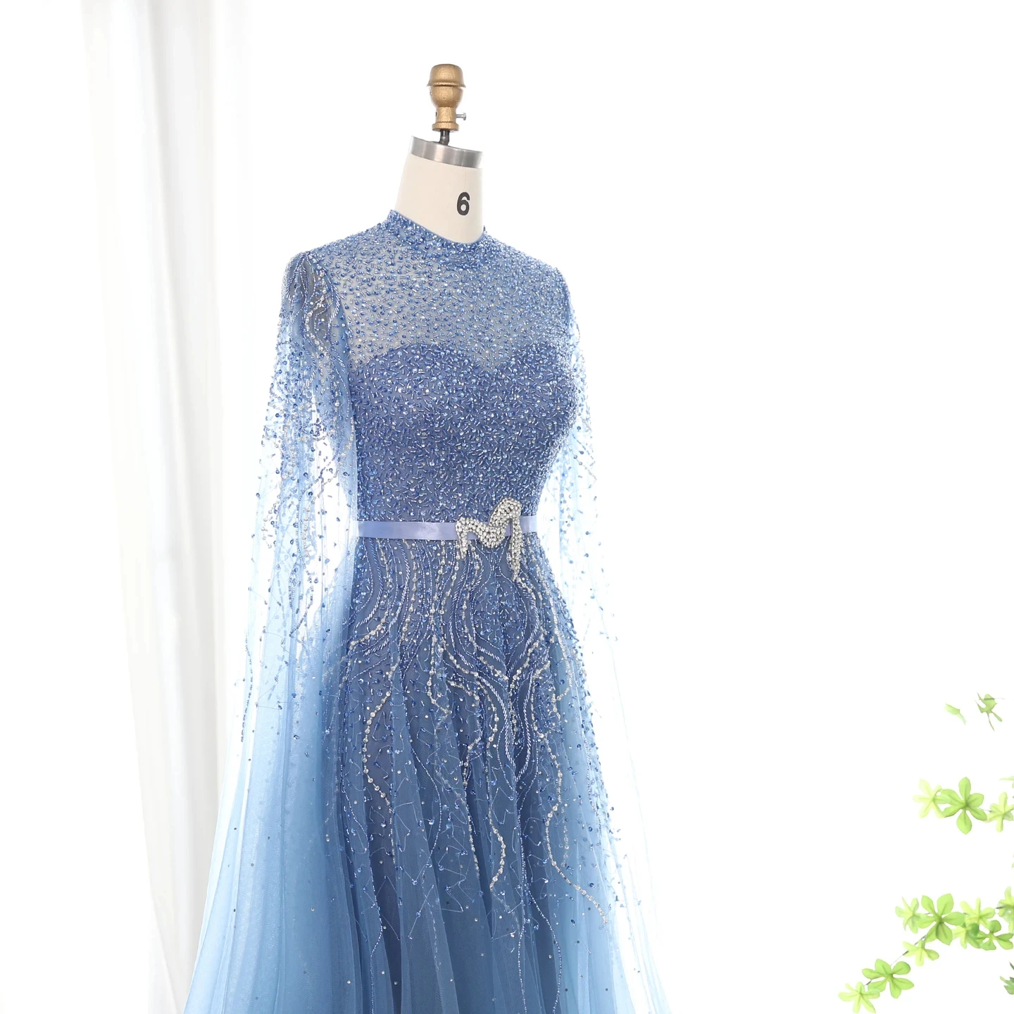 Jancember Dubai Blue Arabic Evening Dress With Cape Sleeves Elegant High Neck Muslim Women Wedding Party Gowns Sz451