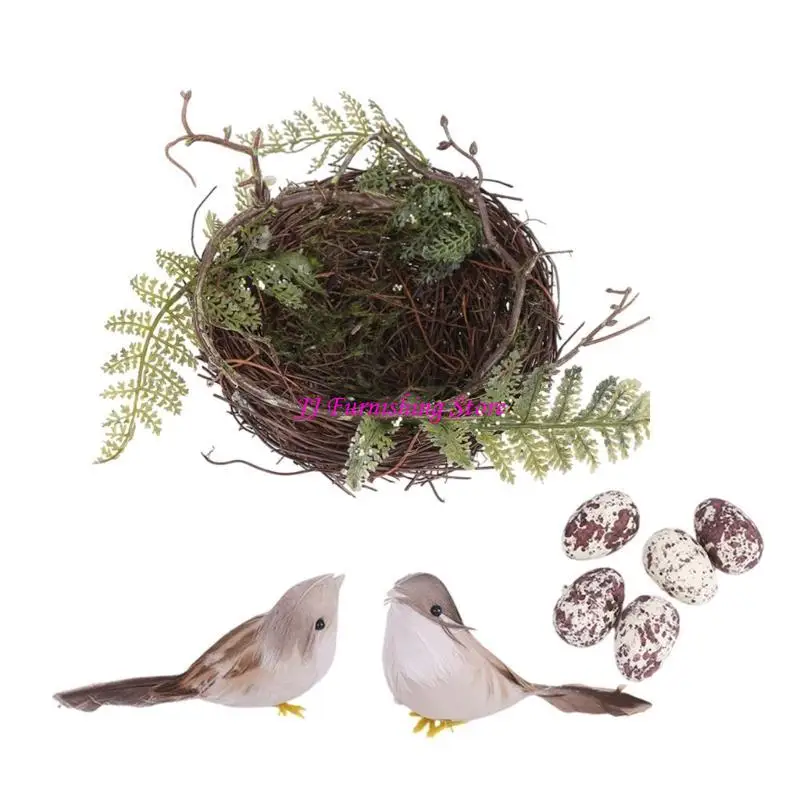 

A9LB Decorative Ornament Bird Nest with Faux Birds and Eggs for Windowsill Display