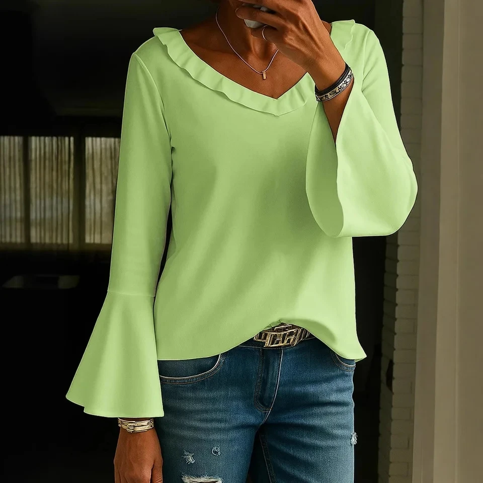

Women's Fashion Ruffled V Neck Flared Long-sleeved Shirt New Spring Autumn Style Solid Color Casual Female Versatile Tops 2025