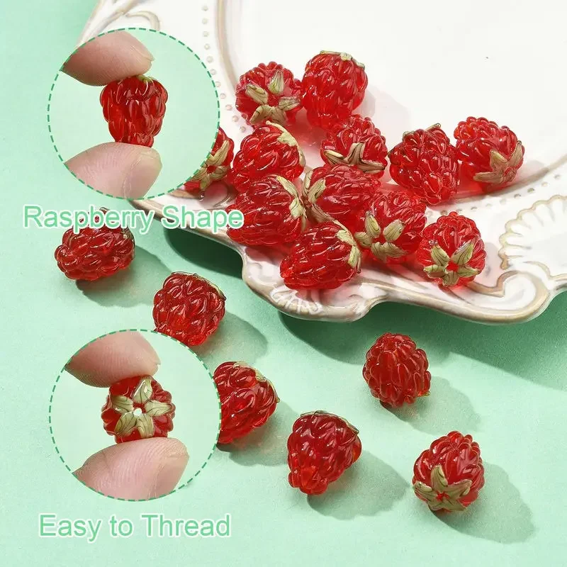 5pcs Handmade Glass Raspberry Beads Vibrant Red with Green Leaf Accents for DIY Necklaces Bracelets Jewelry Making Supplies