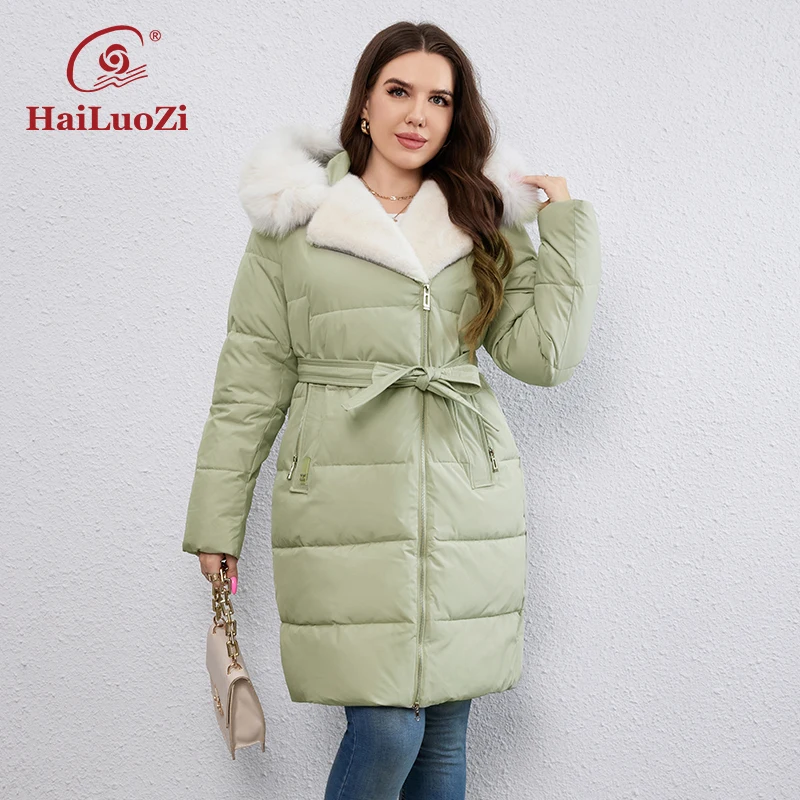 HaiLuoZi-Chaqueta de plumón de talla grande para mujer, abrigo largo de algodón con Cinturón de piel y solapa, elegante, con cremallera, prendas de