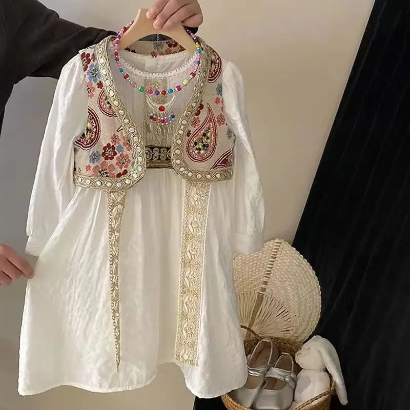 120-170cm Girls Dress Set 2025 Spring/Summer New Children\'s Ethnic Style Dress National Style Printed Vest Two Piece Set