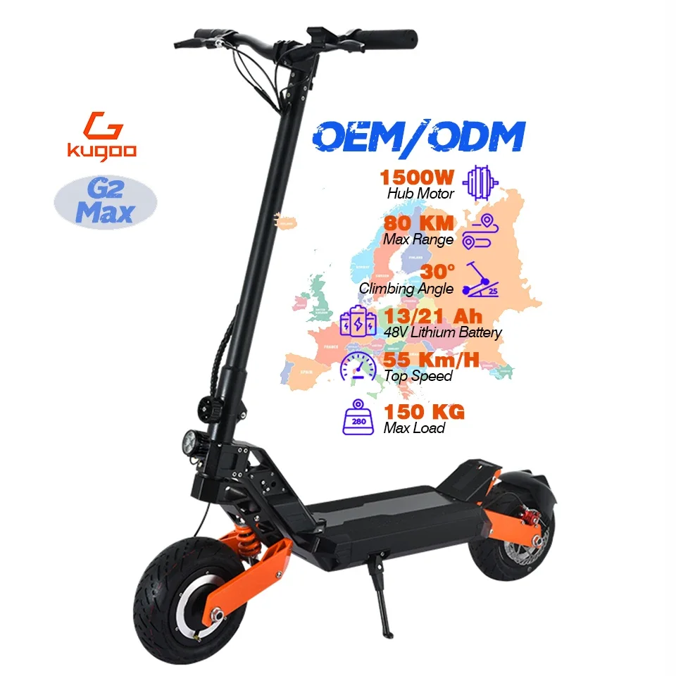 kugoo new g2 max China warehouse 1500w high power motor maximum speed 55km/h 48v 21ah long range 70km foldable scooter