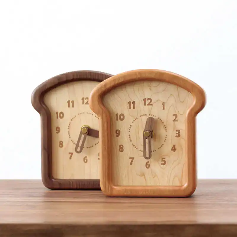 

Bread-Shaped Wooden Desk Clock Cute Silent Tabletop Timepiece Whimsical Bedroom Display Decor Versatile Scene Table Clocks