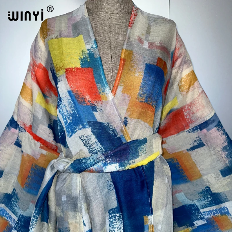 WINYI アフリカファッション 着物風ビーチウェア レディース 夏 ビーチカバーアップ カーディガン ステッチ セルフベルト ホリデー 長袖 プリントコート