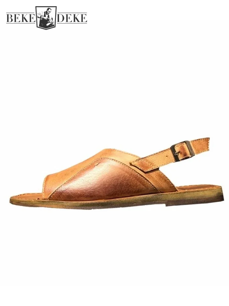 Vintage Designer Mens Flat Shoes Buckle Strap Open Toe Beach Sandals Breathable Summer Cowhide Genuine Leather Casual Shoes Male