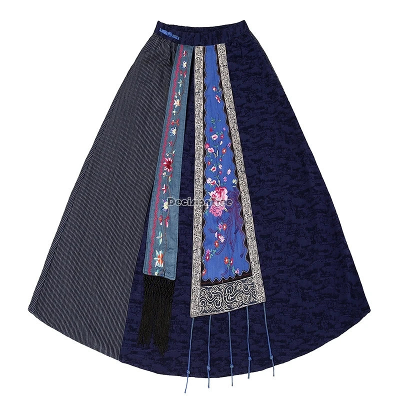 2025 النمط الصيني العرقي القطن والكتان شرابة المرقعة تصميم الرجعية التطريز hanfu تنورة مرونة الخصر تنورة سوينغ كبيرة