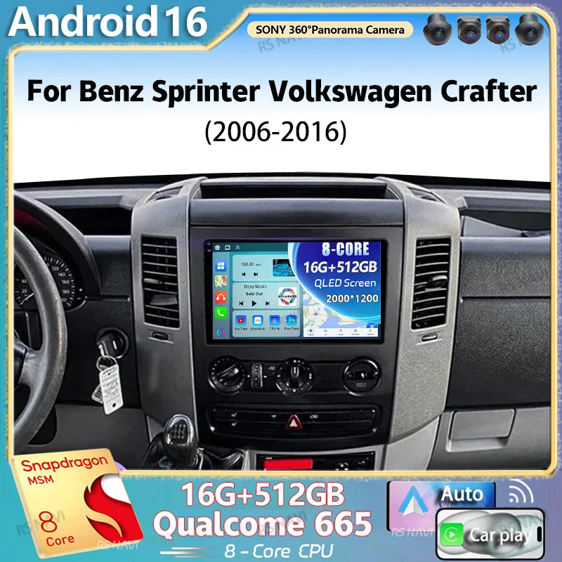Android 16 For Benz Sprinter Volkswagen Crafter 2006 - 2016 2K QLED Android Car Radio Multimedia Video Player GPS Stereo CarPlay
