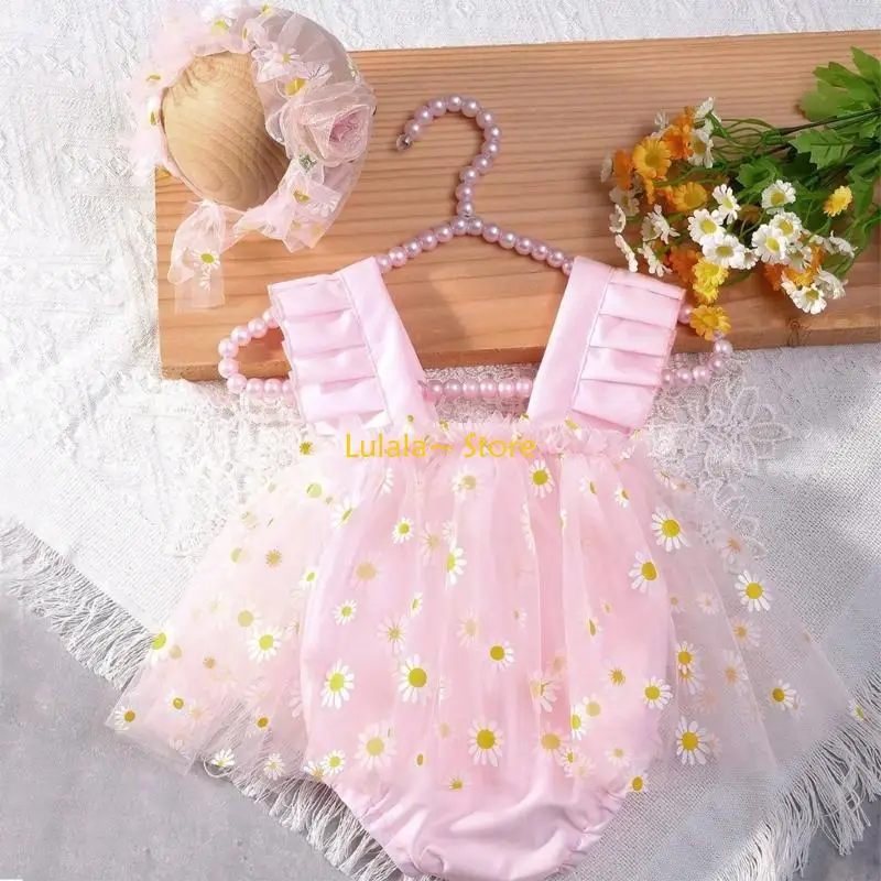 Y4QA Baby Girls Tulle Romper Dress with Matching Headdress for Newborn Photoshoots