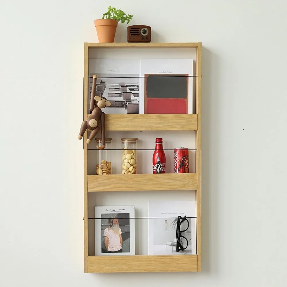 3 Tier Wood Magazine Rack Wall Mounted Magazine File Holder Hanging Bookshelf Display Brochure Holder for Living Room