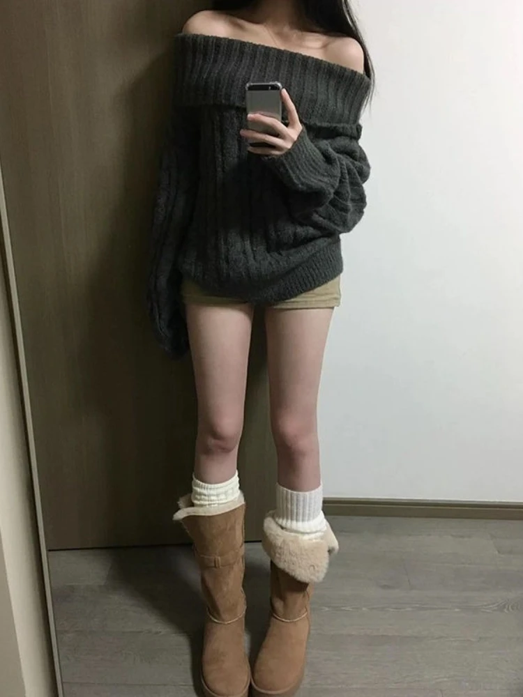 Französisch Design Grau Off Schulter Gestrickte Pullover Frauen Übergroßen Chic Feste Oberbekleidung Y2k Tops Mode Koreanische Beliebte Kleidung Neue