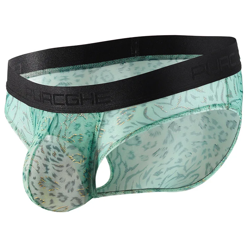 Mens Ice Silk Mesh Triangle Underpants Bullet Separate Pouch Gold Foil Print Breathable Elastic Men Briefs