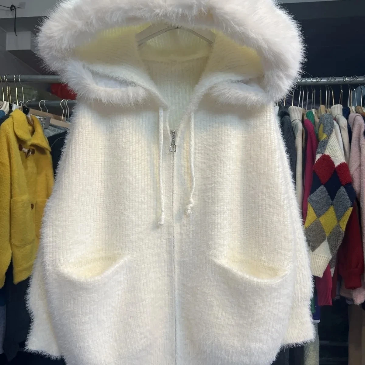 

Loose Faux Fur Collar Hoodie Women's Korean Sle Knitted Sweater Outerwear Autumn Winter New Arrival Warm Casual Faion