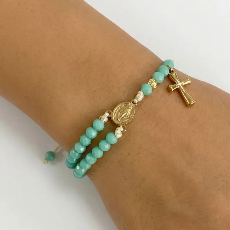 1pc Multi-layered Cross Pendant Bracelet with Simulated Turquoise Glass Bead Women Gold Color Woven Bracelet Beach Style Jewelry